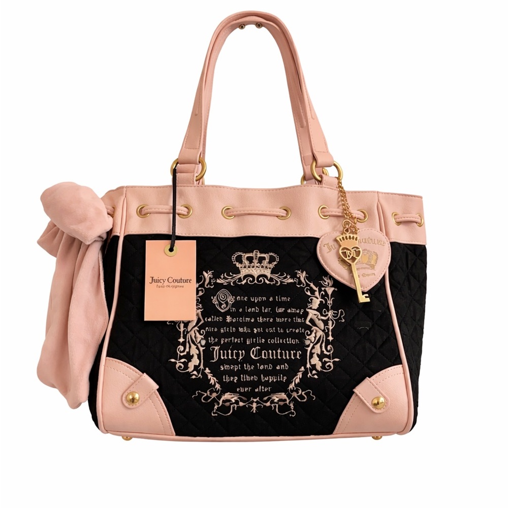 Juicy Couture Black & Pink Quilted Tote Bag NWT Gold Charm